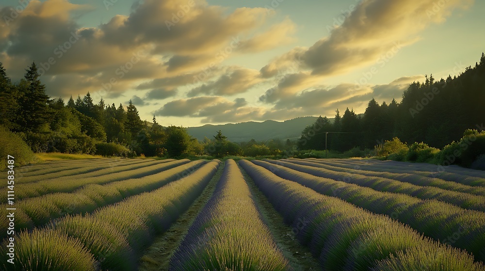 Lavender Fields Sunset Scenic Rural Landscape Lavender Fields Sunset Scenic Rural Landscape