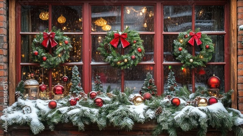 Festive Christmas Window Decorated With Wreaths And Ornaments photo