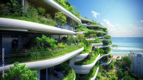 Creative rendering of sustainable cities featuring green roofs and vertical gardens by the beach