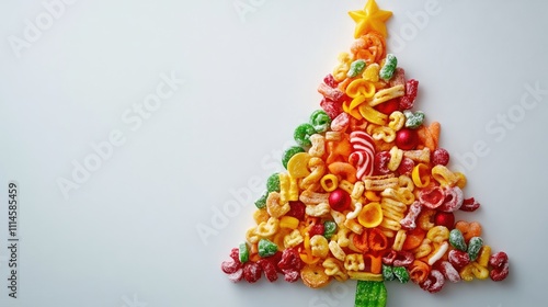 Wallpaper Mural A unique holiday scene with snacks in bright and cheerful colors, arranged as a floating Christmas tree on a clean white canvas. Torontodigital.ca