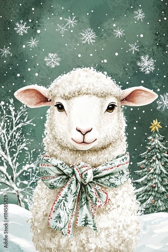 portrait of a cute sheep with bow a on snowybackground, vintage style, suitable for scrapbooks or greeting cards photo