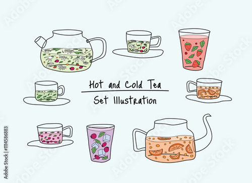 Teapots, cups, glasses with herbal, fruity teas. Hot and cold drinks. Decorative objects. Hand-drawn style. Modern beverage collection. Kitchenware items. Tea assortment. Flat vector illustration.