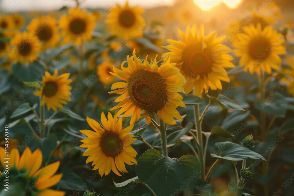 Fototapeta premium A field of bright sunflowers stretches toward the horizon as the sun sets, casting a warm glow and creating a serene atmosphere among the blooming flowers