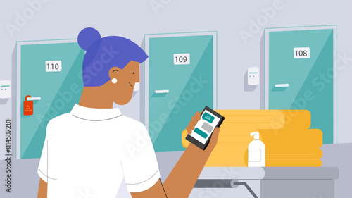 Hotel service workers for reception and room cleaning flat vector illustration