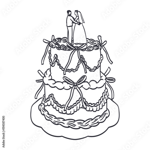 Beautiful tiered wedding cake. Trendy drawing in sketch, freehand, line doodle style. Vector cake with married couple on top, bow and ribbon. Pastry shop, logo or emblem isolated on white background.