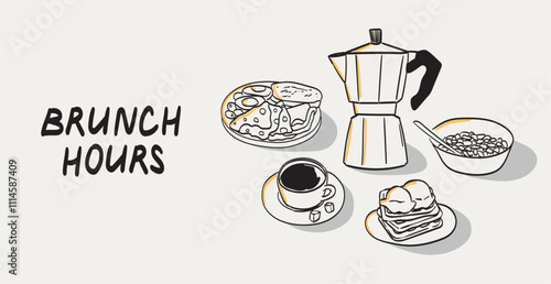 Morning breakfast food menu banner design. Business breakfast and brunch dishes poster, cafe or restaurant menu cover. Vintage hand drawn doodle sketch vector illustration. Engraved line ink style.