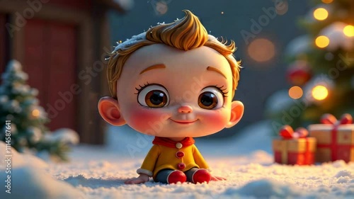 animated character in cozy red sweater in winter wonderland