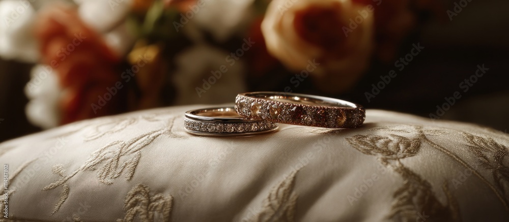 Fototapeta premium Two diamond wedding rings on a pillow with blurred flowers in the background.