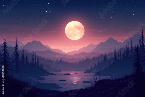 full moon night scene vector illustrations 