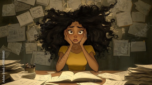 Overwhelmed Young Woman Studying Amidst Papers