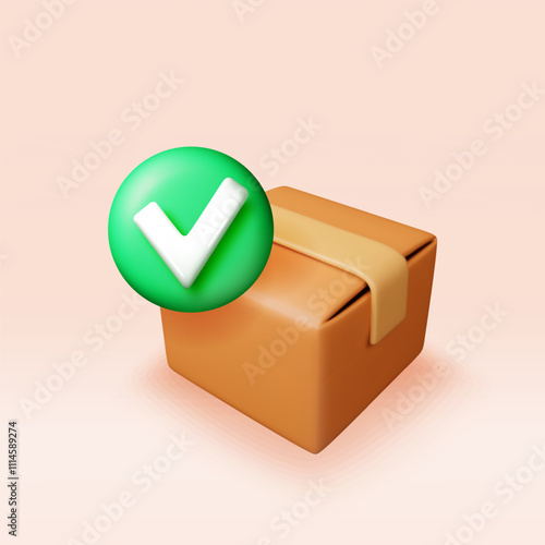 3d closed delivery box with checkmark. Render yes icon in open cardboard box. Approved or accepted delivery package, successful order received, shipped or confirmed service. Vector illustration