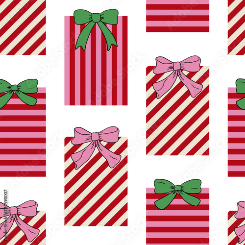 Seamless pattern with holiday striped presents gift and bows. Vector christmas background