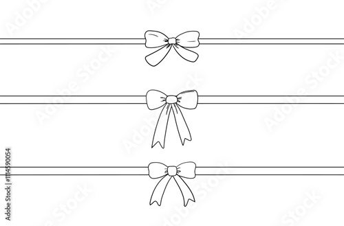 Set of hand drawn bows in retro sketch style. Vector outline illustration of decorative ribbons