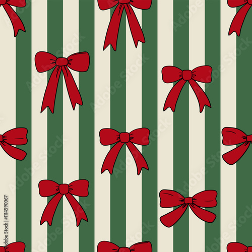 Vintage seamless pattern with red bows and stripes. Vector christmas holiday background