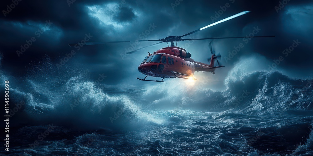Fototapeta premium Helicopter hovering over an ocean rescue mission, its spotlight illuminating the water as waves crash around it.