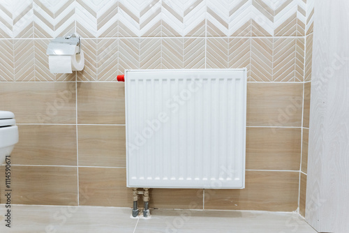 A welldesigned bathroom incorporates essential fixtures such as a toilet and a wallmounted radiator, effectively ensuring both functionality and comfort in this vital and important space photo