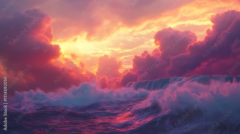 Dramatic Sunset Over Ocean Waves And Clouds Dramatic Sunset Over Ocean Waves And Clouds
