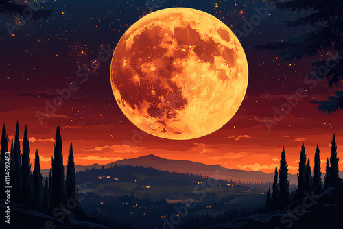 full moon night scene vector illustrations 