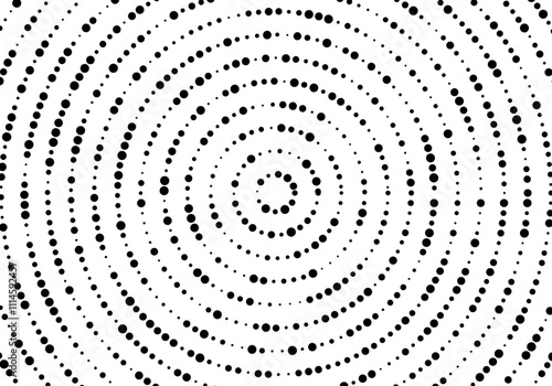 Fondo de círculos concéntricos de bolas negras de diferentes tamaños sobre fondo blanco