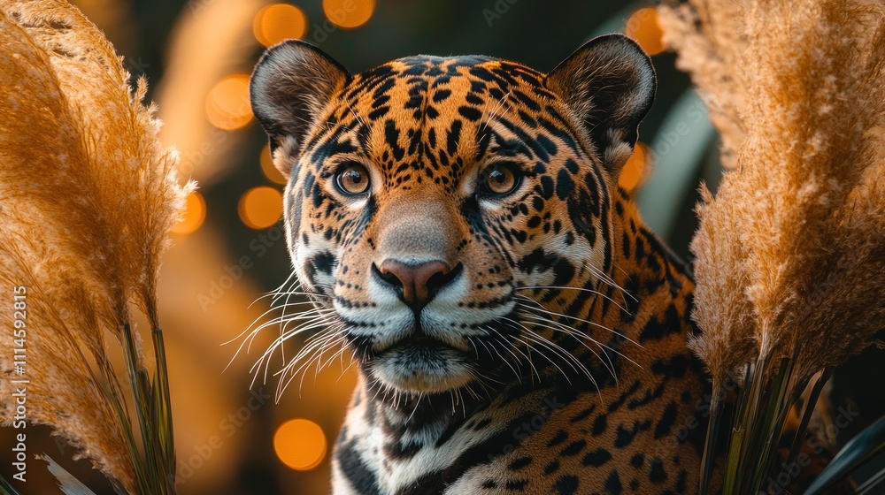 Obraz premium Majestic jaguar portrait framed by pampas grass, bokeh background.