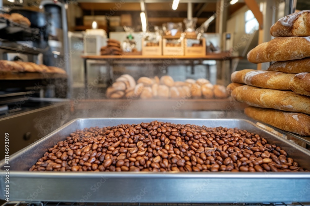 Roasted Coffee Beans Cooling In A Metal Tray Roasted Coffee Beans Cooling In A Metal Tray