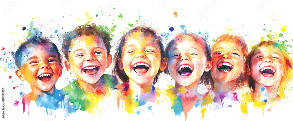 Obraz premium Joyful Children in Vibrant Watercolor Illustration, AI GENERATIVE 