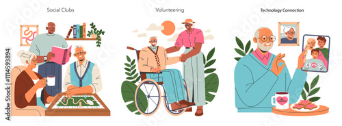 Pensioners Cope With Loneless. Flat Vector Illustration