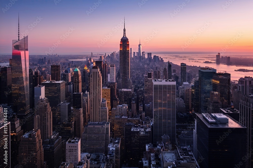 Fototapeta premium New York City Skyline at Sunset: A Panoramic View of Manhattan's Iconic Skyscrapers
