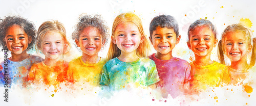 Joyful Children in Vibrant Watercolor Illustration, AI GENERATIVE 
