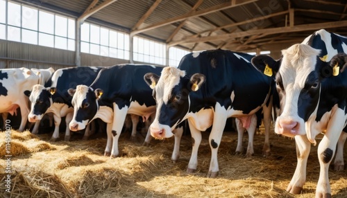 View at cows at milk farm indoors, Group of cows at cowshed eating hay or fodder on dairy farm.
 photo