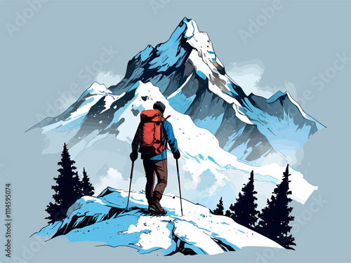 A man hiking in the winter mountain vector