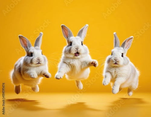 Three white rabbits jumping on a yellow background.The rabbits are shocked and surprised. photo