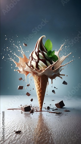 ice cream cone with chocolate topping and mint sprig bursting on a blue background