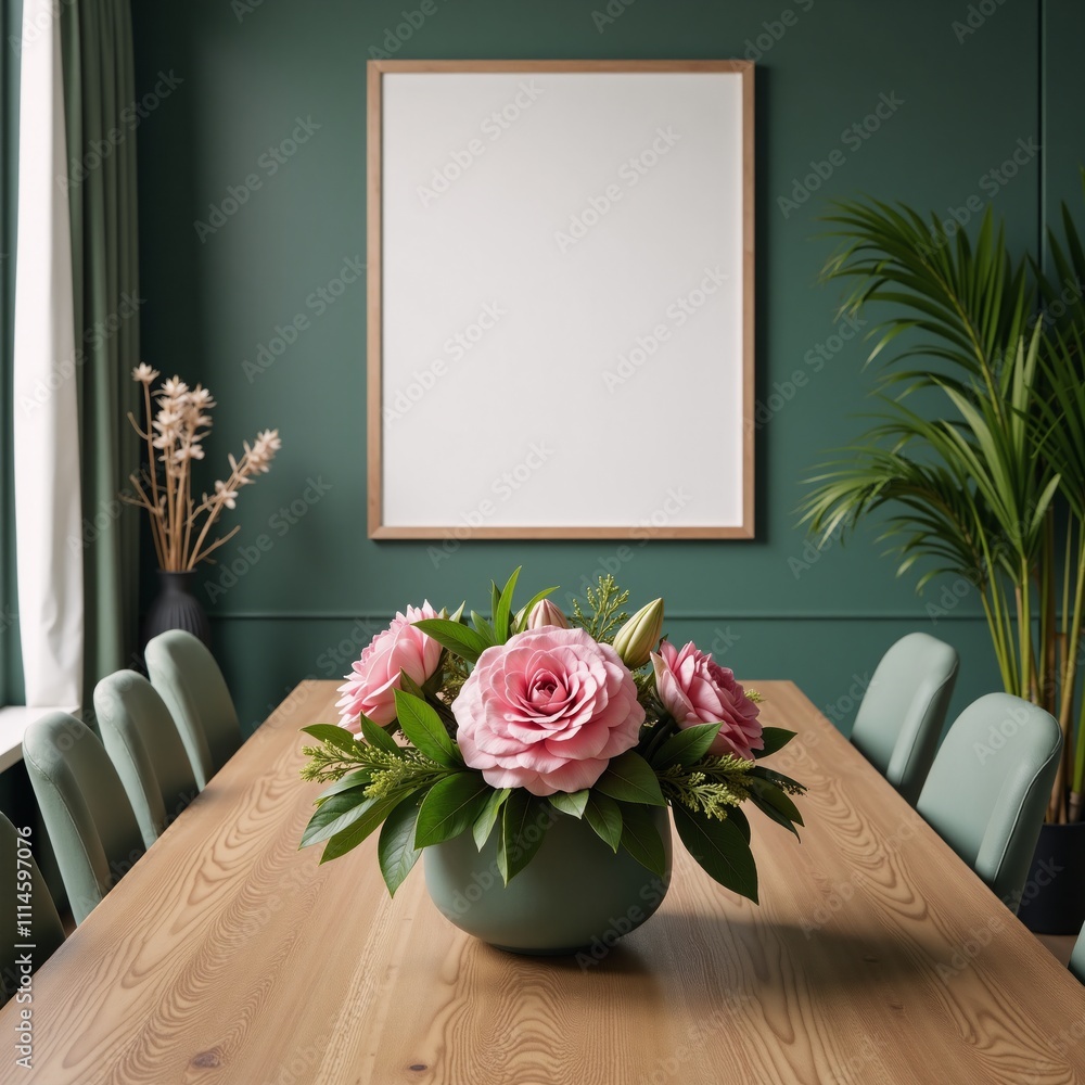 Obraz premium Modern Dining Room Interior Frame Mockup featuring floral arrangements on the table and chairs