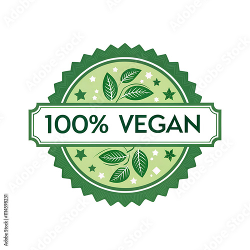 100% Vegan Badge Stamp with Leaves and Stars - Green and Eco-Friendly Design, Perfect for Product Labels and Branding