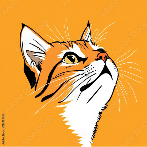 Artistic depiction of a cat gazing upwards with an expressive demeanor against a vibrant orange background showcasing its unique features and charm. photo