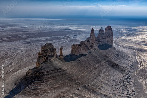 Kazakhstan, Mangistau, Mangyshlak, Bozzhyra. Incredibly beautiful clouds in a wild desert without people. National symbol of the Kazakhs. Amazingly beautiful wild landscape
