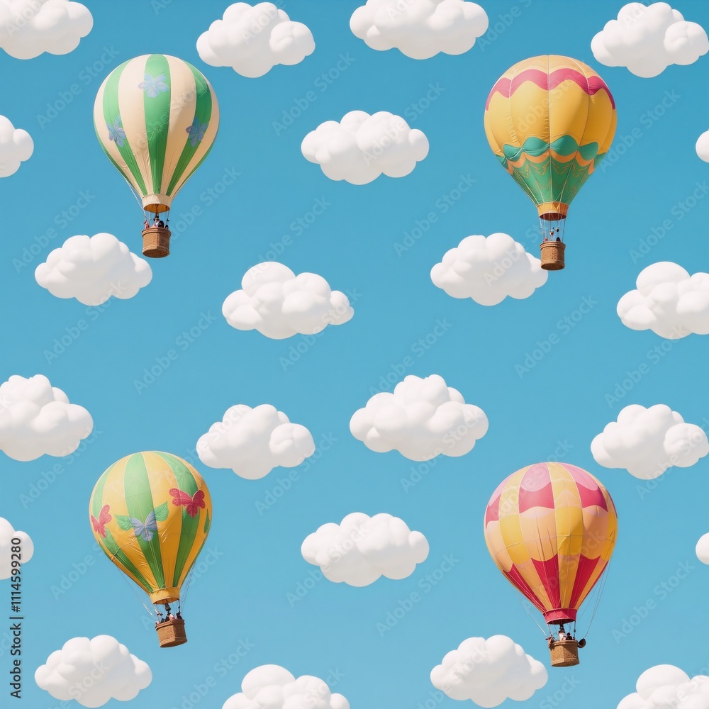 Fototapeta premium Seamless Pattern Air Balloons Clouds Stock Print-Ready Design
