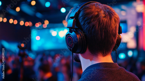 Detailed shot of a translator wearing headphones while interpreting during a live event. photo