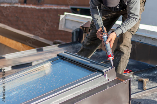 Construction worker using silicone sealant adhesive to fix a metal sheet on the skylight window. A roofer and window master work.