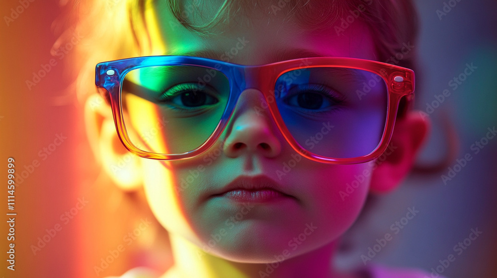 Close shot of a child interpreting a rainbow through a pair of colorful glasses. Close shot of a child interpreting a rainbow through a pair of colorful glasses.