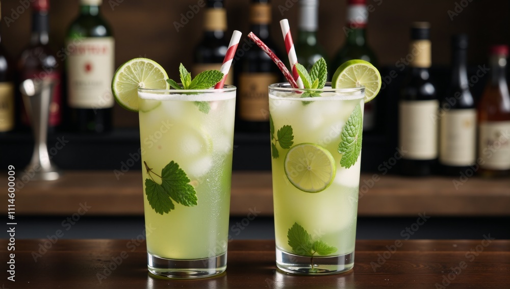 Two mojitos served on a bar amidst a backdrop of liquor-filled chaos Two mojitos served on a bar amidst a backdrop of liquor-filled chaos