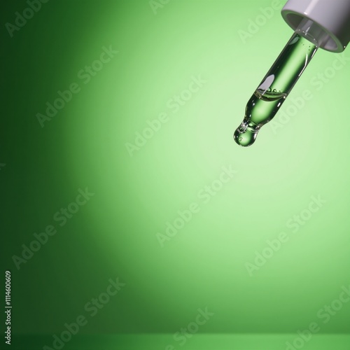 Dropper containing facial serum floating over green gradient backdrop OilWater Splash photo