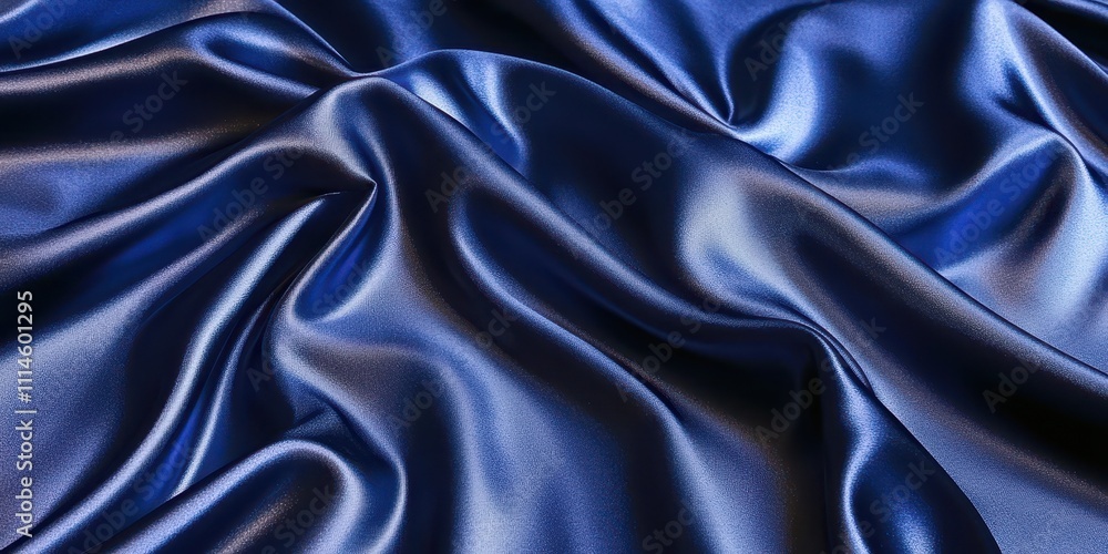 Obraz premium A deep navy satin fabric with rich folds and subtle highlights, forming intricate ripples across the surface, illuminated by soft ambient lighting.