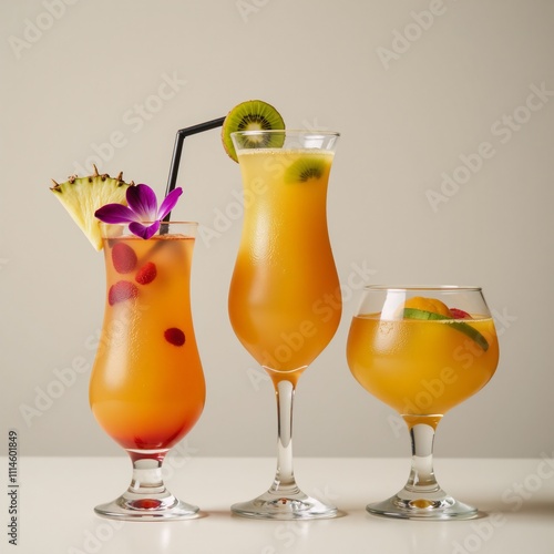 Three colorful tropical cocktails featuring different fruit garnishes photo