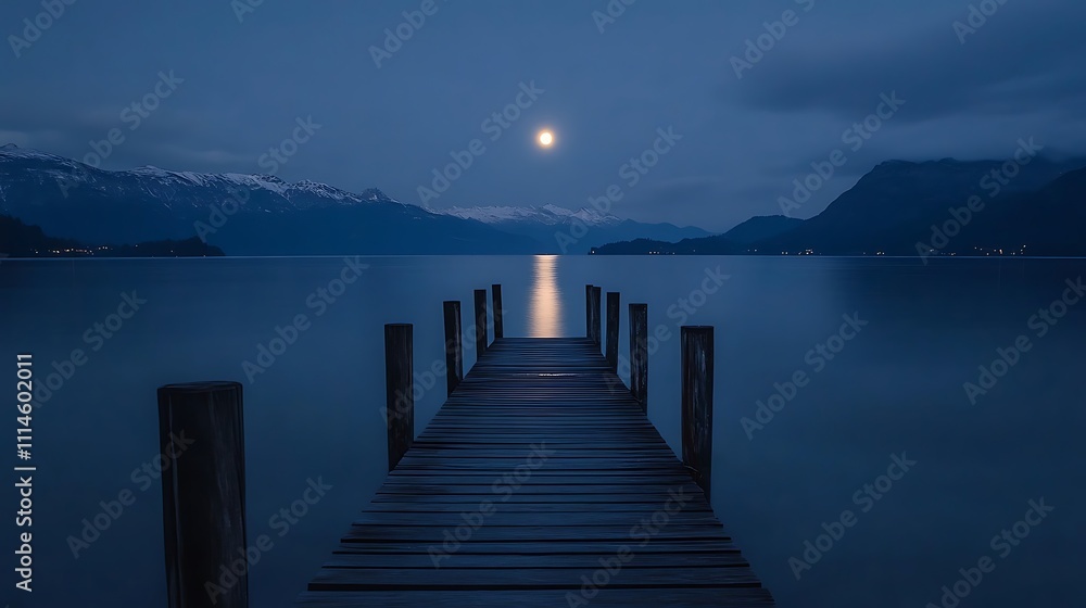 Fototapeta premium Moonlit Lake Scene With Wooden Pier and Mountains