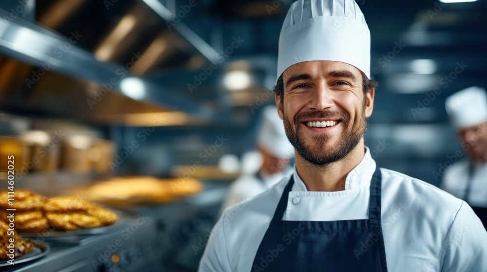 Fototapeta premium Portrait of a Male Chef Smiling in Bakery with Team in the Background