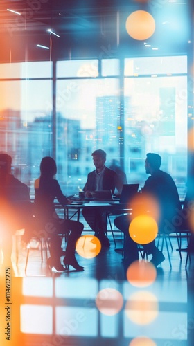 Business team meeting in a modern office, vibrant colors, creative background, silhouettes of people sitting around a table with laptops and documents on it, colorful gradient glass walls,