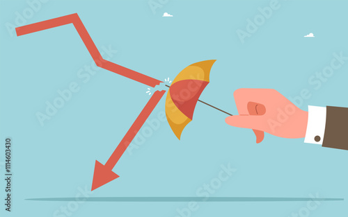 Hold positions during downturn in market activity, look into future to plan further actions, search for business strategy operation during economic instability, hand with umbrella breaks falling arrow