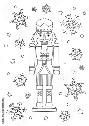 Nutcraker and snowflakes coloring page or book. Christmas background. Vector illustration.	 